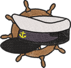 Seeman mit Hut und Schiffssteuerrad 